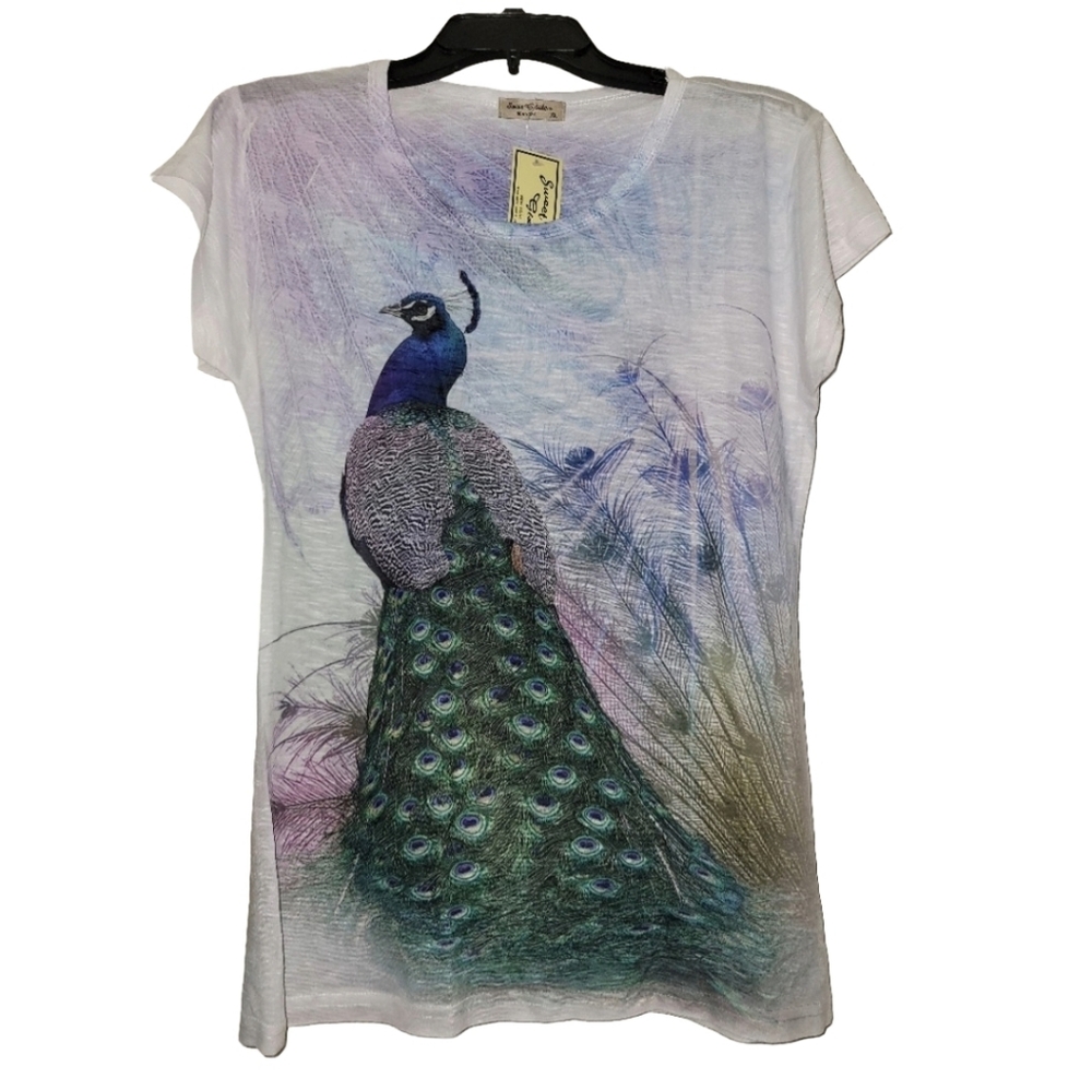Sweet Gisele Screen Printed Sheer Green Peacock Print T-shirt Size XXL NWT